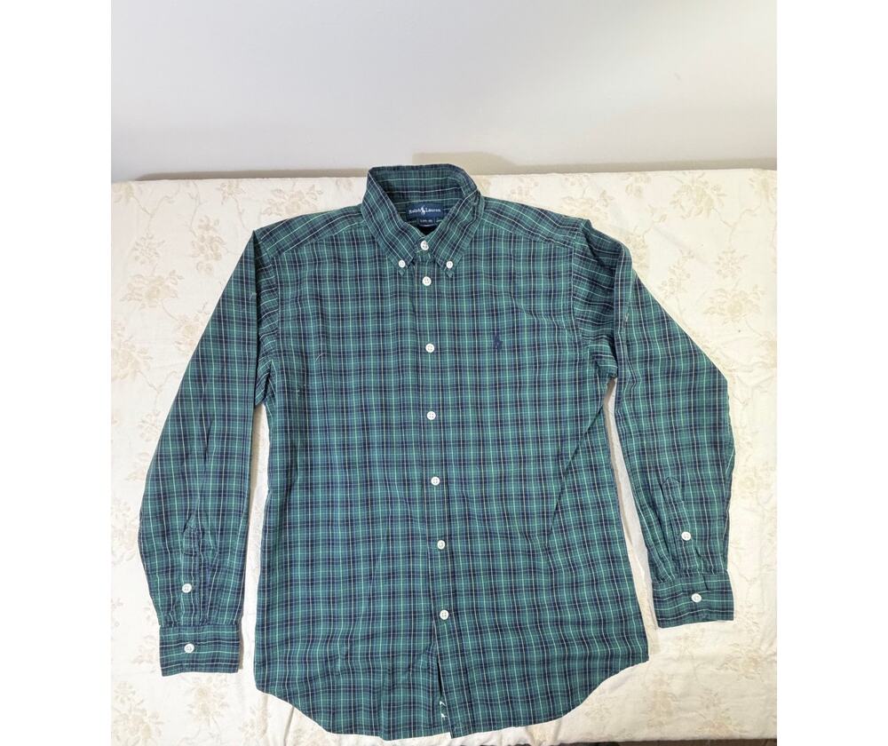 Ralph Lauren Boys L 14-16 Green Blue Plaid Long Sleeve Button Down Shirt